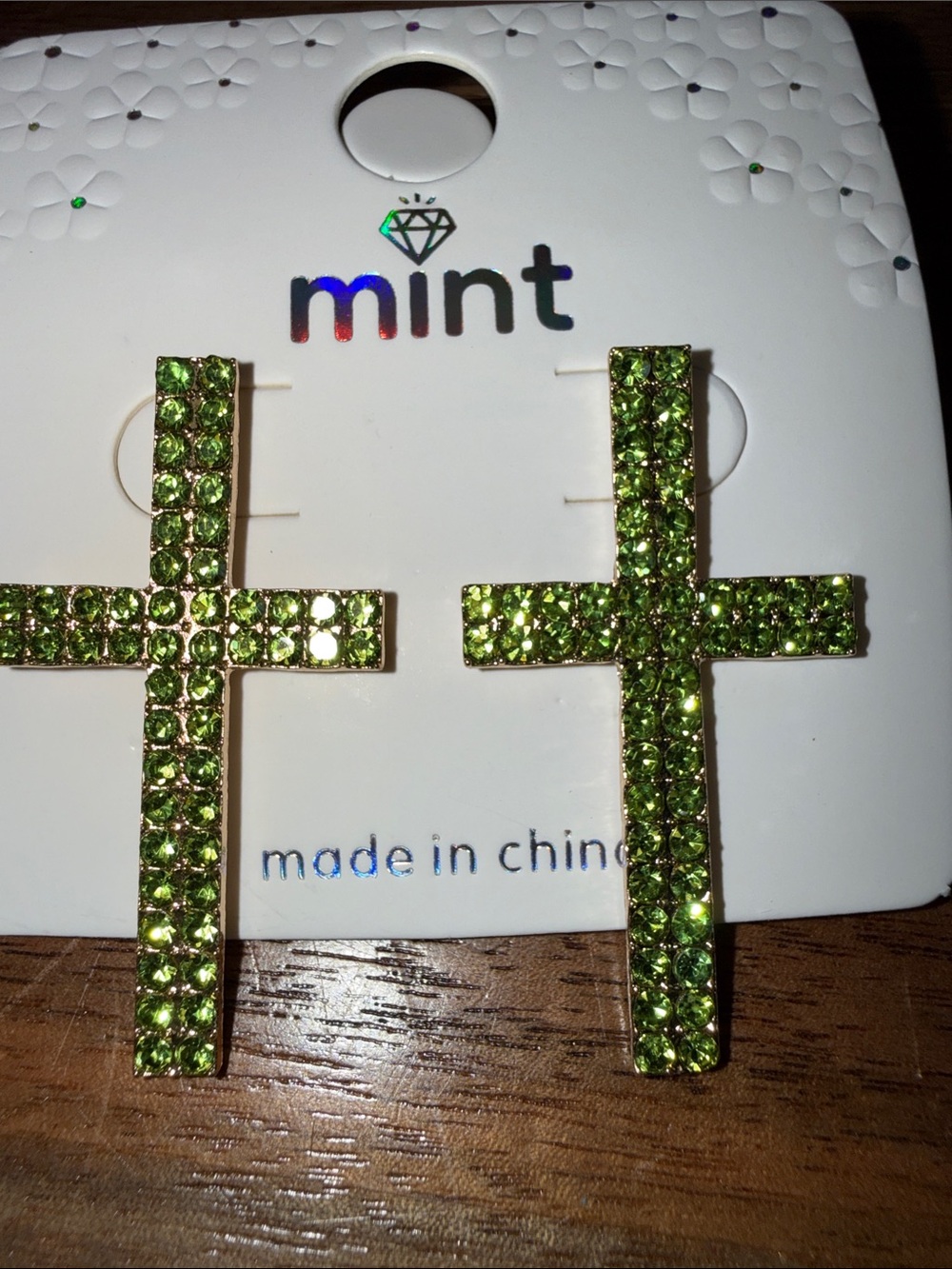 Mint Lime Green Crystal Cross Drop Earrings